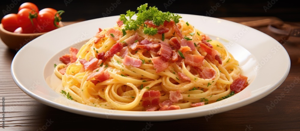 Poster image of spaghetti carbonara with ham and bacon on a plate, set on a wooden table, with a background
