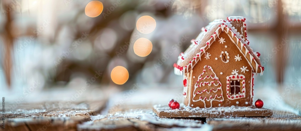 Poster rustic wooden table with a christmas gingerbread house displayed, featuring copy space image.