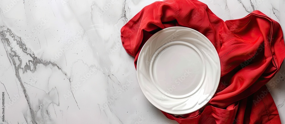 Poster top-down view of a red kitchen napkin on a table, offering copy space in a minimalistic, flat lay de
