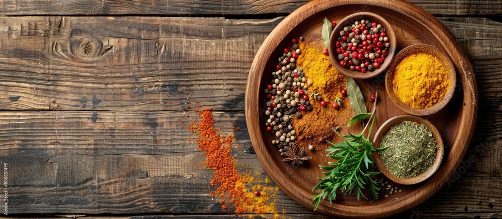 Aufkleber top view of spices displayed on a wooden plate placed on a wooden table, with available copy space i