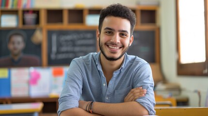 Young Arab Male Student Smiling in Classroom, Education and Learning Environment, Diversity Representation