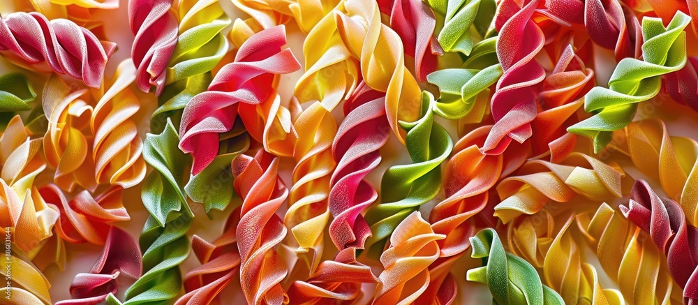 Poster colorful spiral noodles background with copy space image. abstract texture of vibrant pasta, ideal f