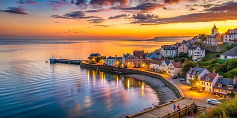 Sunset over Coastal Village, Colorful Sky, Houses, Water Reflections, France, coastal town, sunset