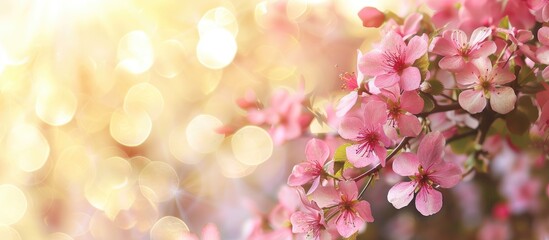 Pink flowers in full bloom set against a soft, spring-themed backdrop, with copy space image.