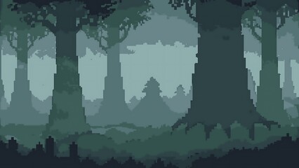 fog in the forest . eerie , pixel art 