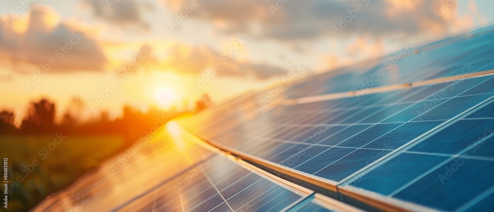 Wall mural a solar panel, with sun prominently behind, clouds in foreground