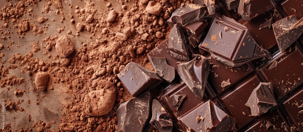 Poster Capture a bird's eye view of delicious chocolate chunks and cocoa powder, with ample copy space image.