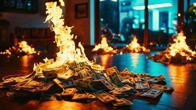 burning money in the floor, burning US dollars. in house background, isolate. The concept of inflation, a decrease in the purchase of foreign currency, and devolution.