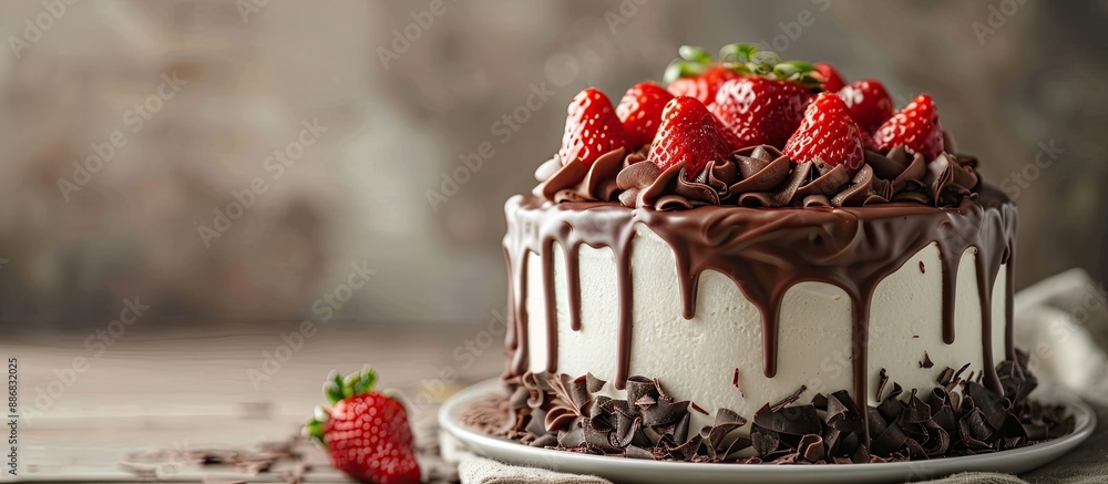 Poster birthday cake adorned with chocolate swirl ganache and a strawberry on top, set on a table with ampl