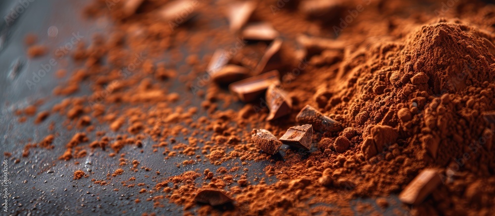 Poster detailed shot of cocoa powder and dark chocolate with copy space image nearby.
