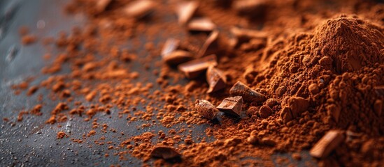 Detailed shot of cocoa powder and dark chocolate with copy space image nearby.
