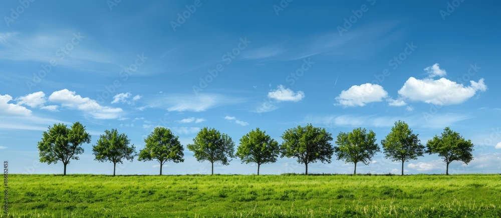 Poster Scenic view of a meadow with a row of trees under a sunny blue sky, ideal for a copy space image.
