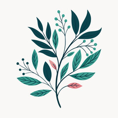  A stylized botanical design features a sprig with green leaves and pink blossoms.