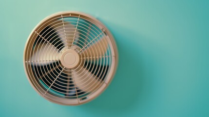  A tight shot of a metal fan against a blue wall with two different background shades - light green and light blue
