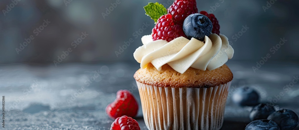 Poster decorated cupcake with berry garnish on top, perfect for an ad with copy space image.