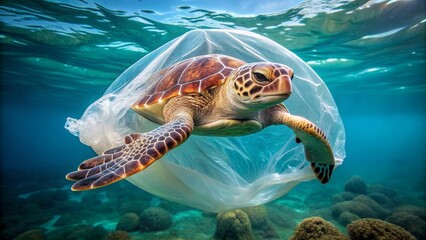 Fototapeta premium Trapped Sea Turtle - A Sea Turtle Struggles With Plastic Bag Pollution in the Ocean, Underwater Photography , Environmentalism , Marine Life , Conservation , Plastic Pollution