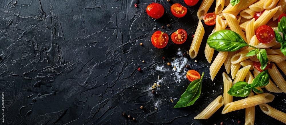 Poster A top-down shot of penne rigate pasta with cherry tomatoes and basil on a dark, textured background, featuring a designated area for text and allowing for customization with a copy space image.