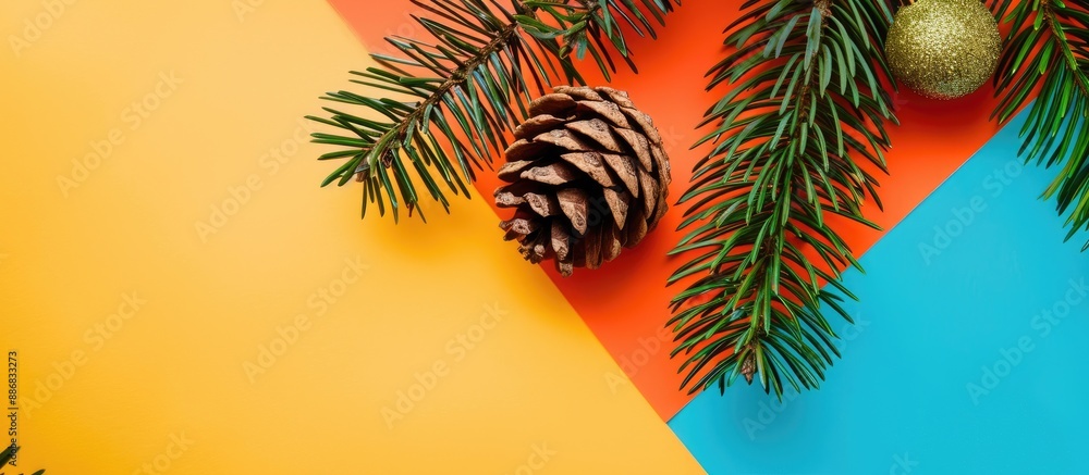 Poster Background for Christmas holidays featuring fir branches, a pine cone, and colorful background suitable for advertising text in a top-view flat lay composition with copy space image.