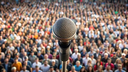 closeup microphone on stage with a  large audience listening 