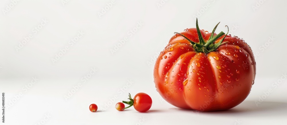 Poster large and flavorful red beefsteak tomato with a white background featuring red drops offers great co