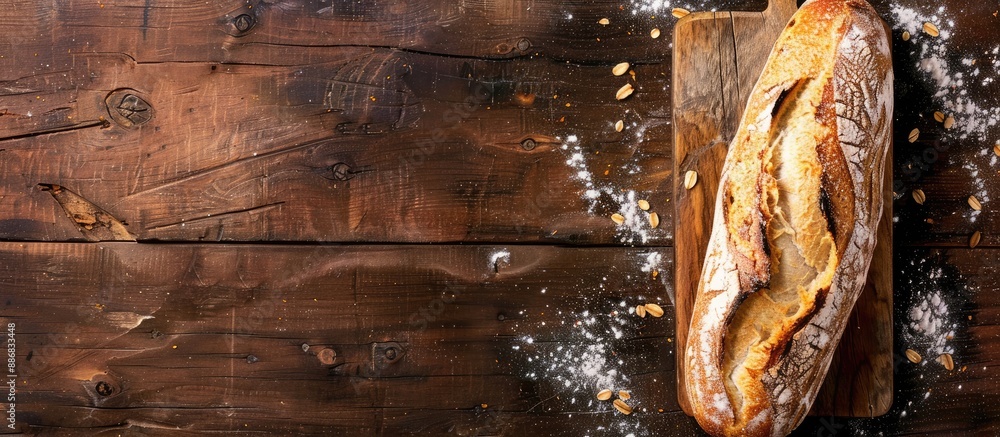 Poster bakery-fresh baguette on a wooden backdrop with copy space image.