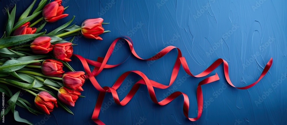 Aufkleber tulips and ribbons arranged on a blue backdrop, providing a visually appealing composition with copy