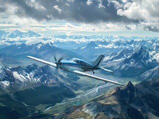 Fototapeta premium Small blue propeller plane flies over Patagonia mountains. Plane moves from left to right with wings spread wide. Snow-capped peaks and valleys create sense of depth and scale.