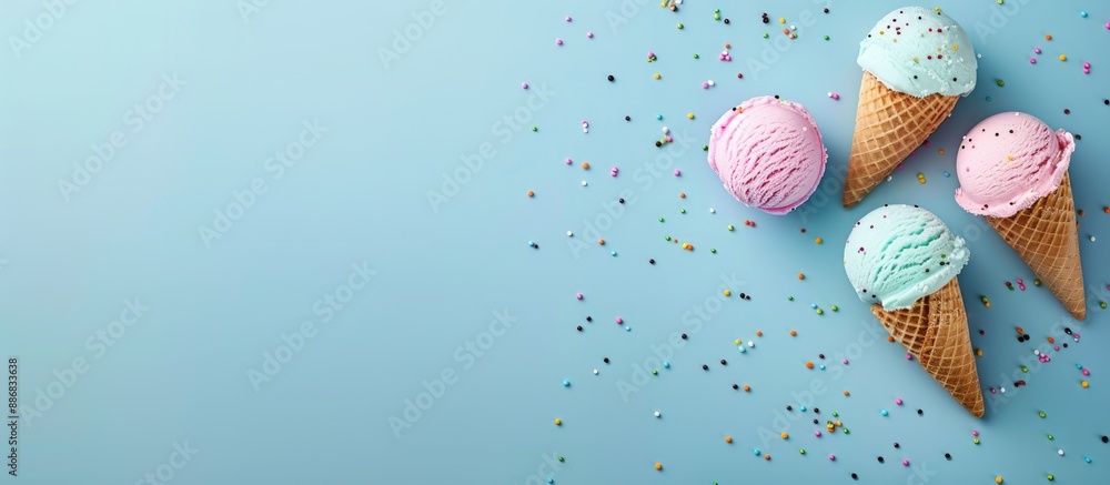 Poster Light blue background with copy space image for ice cream.