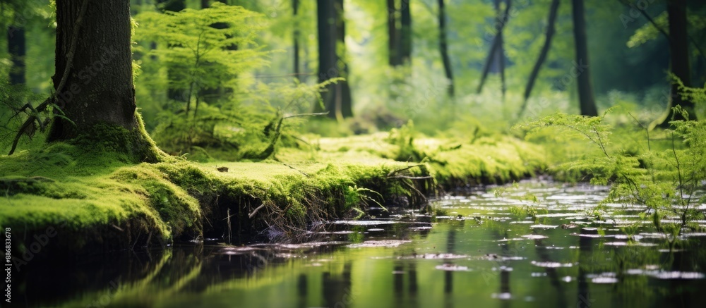 Poster scenic view featuring dense green vegetation, moss, and grass in a swamp setting, with a blurred bac