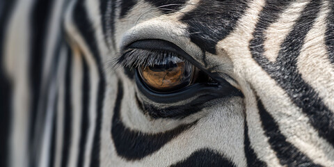 Close-up of zebra's eye with detailed black and white stripes, focused expression in wildlife, close-up of zebra eye with stripes in wildlife concept