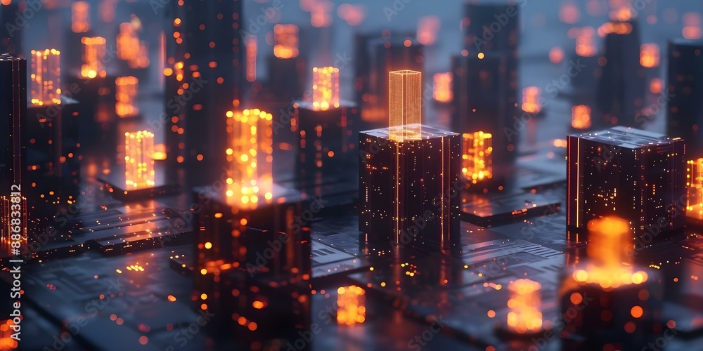 Aufkleber glowing blockchain cryptocurrency and metaverse cubes in a digital cityscape. concept blockchain tec