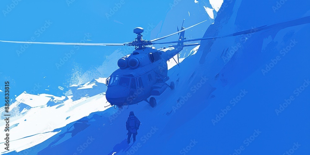 Poster serene helicopter landing on remote mountain peak with ample negative space for text or graphics