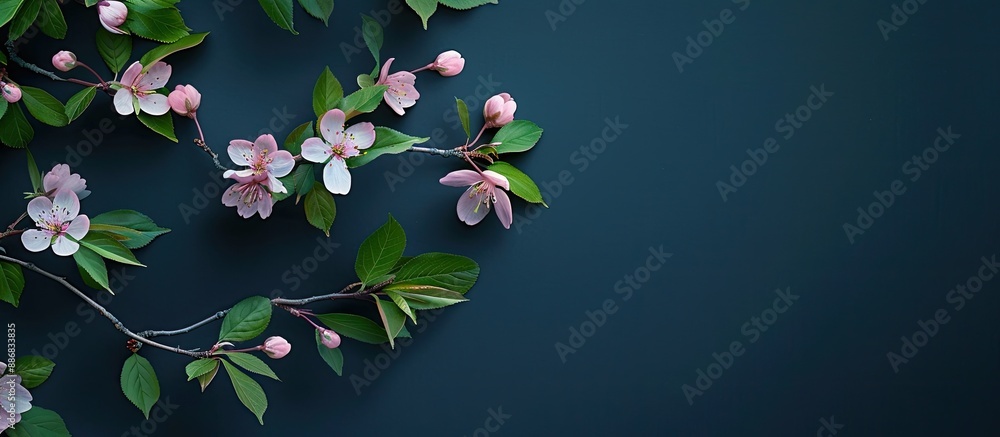 Poster cherry blossoms in spring with green leaves against a dark blue backdrop, ideal for adding text, in 