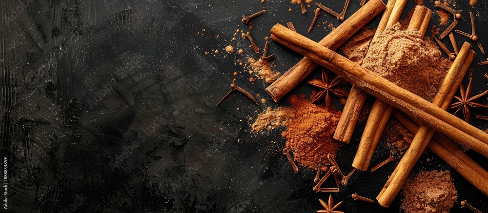 Poster cinnamon seasoning displayed with sticks and powder on a dark wooden surface with room for copy spac