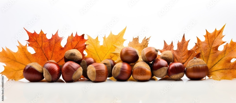 Aufkleber arranged chestnuts with vibrant oak leaves on a white backdrop, providing a charming autumn-themed s