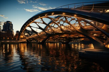 Naklejka premium Low angle view of the bridge suspended against the light blue sky, generative IA