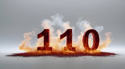 The number 110 in 3D, in red color, it's on fire, there are yellow fire flames on it, it's burning, there is a lot of smoke around, smooth white background.