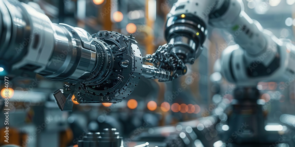 Poster a detailed scene of a robotic arm in a factory setting