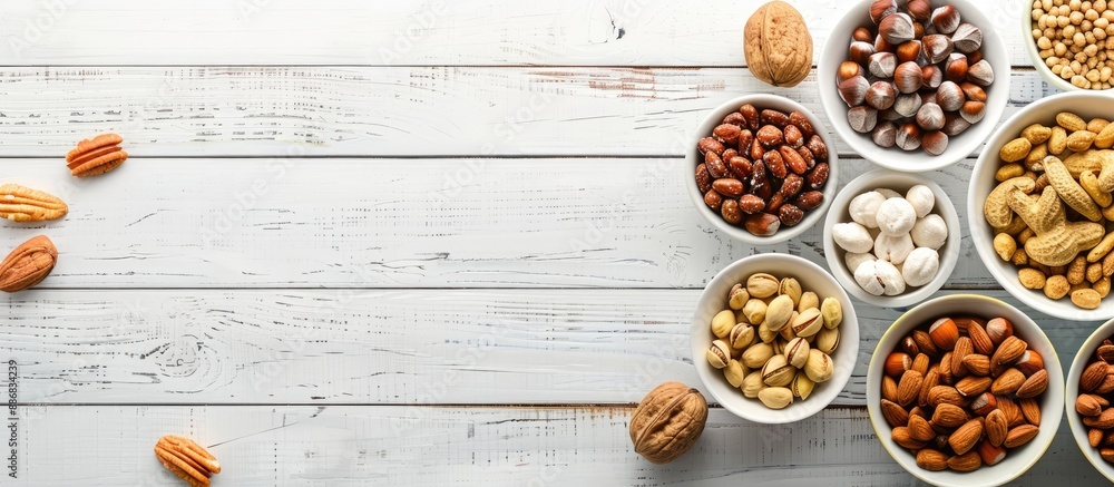 Aufkleber Top view of mixed nuts and sweets in bowls on a white wooden background for a diet decision concept with copy space image.