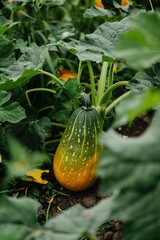 Squash plant with green leaves and yellow squash. Orange hue adds contrast to rich greenery. Blurred background focuses on squash and surrounding environment. Fresh produce in garden setting.