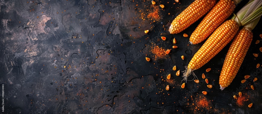 Poster Dark background showcasing raw corn or maize, reflecting the harvest food concept, positioned from a top viewpoint in a flat lay style with ample copy space image.