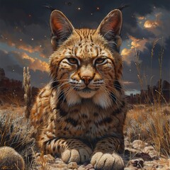 Fototapeta premium Majestic Bobcat Prowling in Rugged Mountain Landscape Illuminated by Dramatic Sunset Lighting