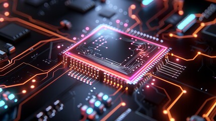 Obraz premium Modern digital circuit patterns in bold neon colors, ideal for technology-themed presentations and ads. Illustration, Image, , Minimalism,