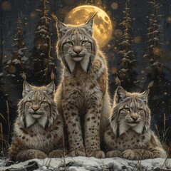 Obraz premium Trio of Majestic Canadian Lynx Sitting in Snowy Forest under Glowing Moon