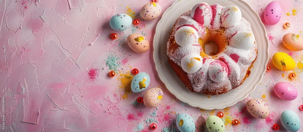 Poster top view of a traditional spanish easter cake, known as mona de pascua, featuring boiled eggs inside