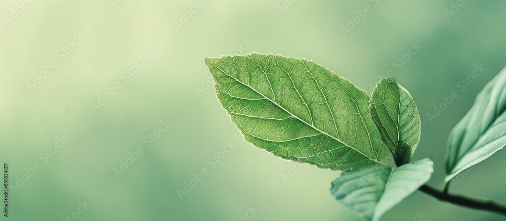 Aufkleber closeup view of a rich green leaf set against a soft green backdrop, offering ample copy space for a