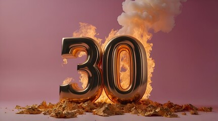 The number 30 in 3D, in gold color, it's on fire, there are yellow fire flames on it, it's burning, there is a lot of  smoke around, smooth pink background.