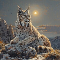 Obraz premium Majestic Iberian Lynx Surveying Its Natural Habitat at Sunset in the Mountainous Terrain