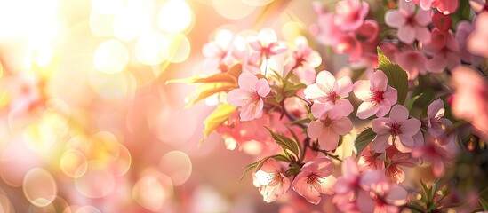 Obraz premium Springtime pink cherry blossom flowers blooming with a natural sunny blurred garden as a background for a copy space image.
