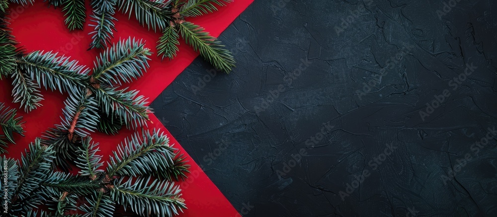 Aufkleber christmas background concept with a top view of christmas spruce branches on a red and black backgro